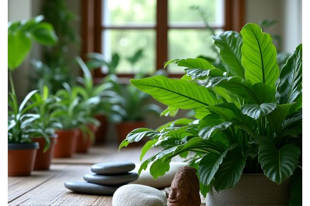 Détail de décoration avec des plantes vertes luxuriantes et des galets, ambiance nature.