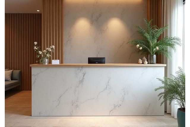 Espace de réception accueillant du studio avec des plantes et un comptoir en bois.